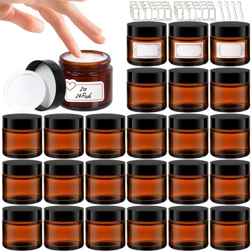 2 oz Amber Glass Jars with Lids 24Pack, Small Jars with Inner Liners for Sample, Powder, Cream, Lotion and Ointments with Stickers & Spatulas Included