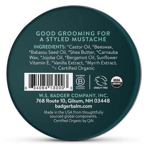 Badger Mustache Wax, Medium Hold, Light Masculine Scent, Easy to Apply, Certified Organic Versatile Moustache & Beard Wax, .75 oz Tin, 2-Pack