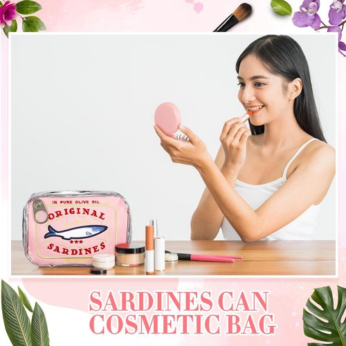 Reginary 2 Pcs Pink Canned Sardines Makeup Bag and Mini Hair Brush with Mirror Cute Cosmetic Bag Folding Hair Brush Kawaii Pencil Case Pouch Portable Travel Toiletry Bag Funny Waterproof for Women