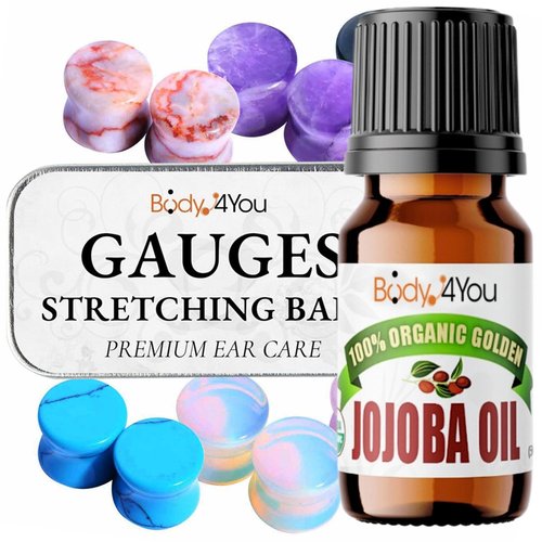 BodyJ4You 18PC Body Piercing Stone Plugs - Ear Stretching Balm Organic Jojoba Oil Aftercare - Beginners 00G 10mm - Saddle Double Flared Tunnels Expander Earrings