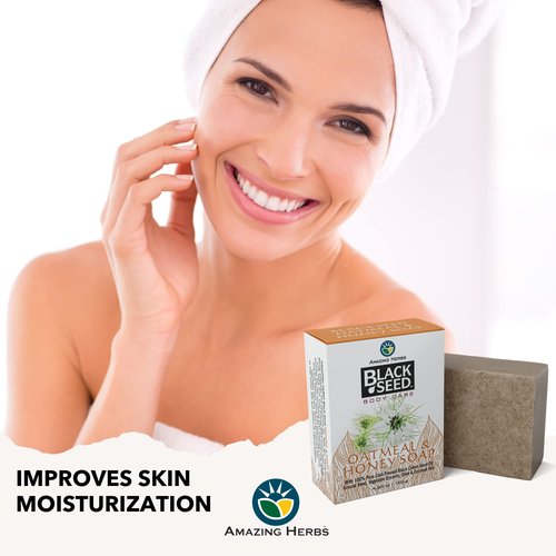 Amazing Herbs Black Seed Soap - 100% Pure Cold-Pressed Black Cumin Seed Oil, All Natural, Free of Colors, Dyes, & Fragrances - Black Seed Oatmeal & Honey Soap, 4.25 Oz (Pack of 3)