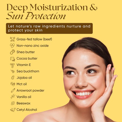 Beef Tallow Sunscreen Organic with Non Nano Zinc Oxide Formula for Daily Protection, 4oz Reef Safe Sunblock, SPF 30 All Natural Chemical Free Sunscreen, Made in USA, Natural Organic Sunblock for Skin