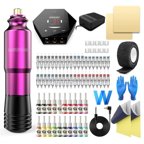 Wormhole Tattoo Kit Rotary Tattoo Machine Kit Professional Tattoo Gun 40pcs Cartridge Needles 20pcs Tattoo Inks Tattoo Power Supply Complete for Beginners and Artists TK202