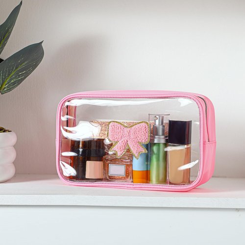 Kacctyen Pink Bow Clear Makeup Bag Coquette Pink Bow Travel Toiletry Preppy Cosmetic Bag Travel Organizer Trendy Portable Gift for Women Girlfriend Bridesmaid Birthday Mothers Day