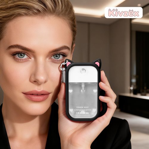 Kivzex Cat Silicone Case for Touchland Hand Sanitizer Spray with Keychain, Compatible with Power Mist & Glow Mist 1 FL Oz/30ML for Touchland Case, with Charms Accessory Cute Travel Cover Sleeve Black