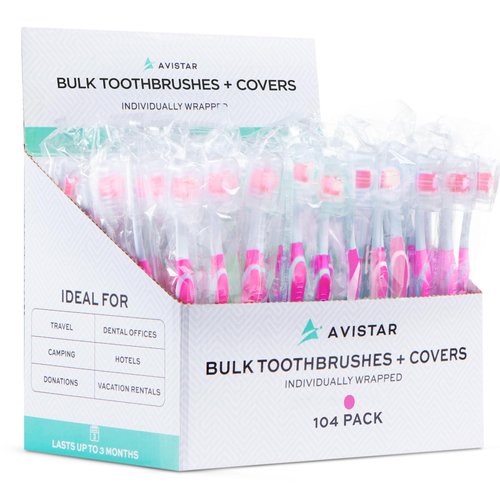 104 Pack Bulk Toothbrushes w/Cover Caps, Individually Wrapped Disposable Travel Toothbrush, Value Size, Long Lasting 3+ Months, Med-Soft Manual Teeth Brush Bristles - Pink