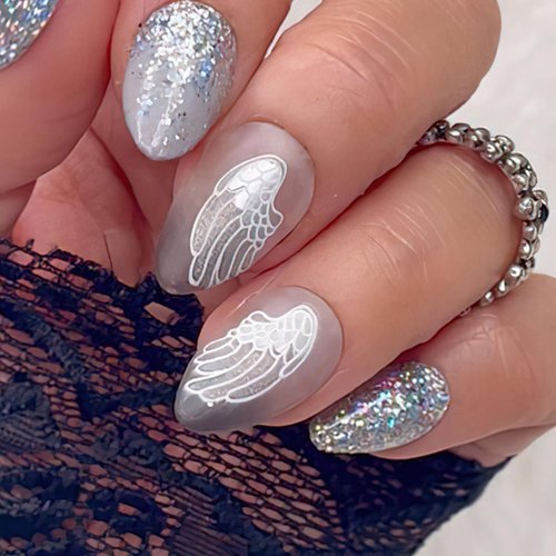 Angel Wings Nail Stickers Laser Metallic Angel Wings Nail Decals 3D Self-Adhesive Holographic Gold Silver Wings Letter Decals Stickers Design Nail Art Supplies for Nails Manicure Decorations 6 Sheets