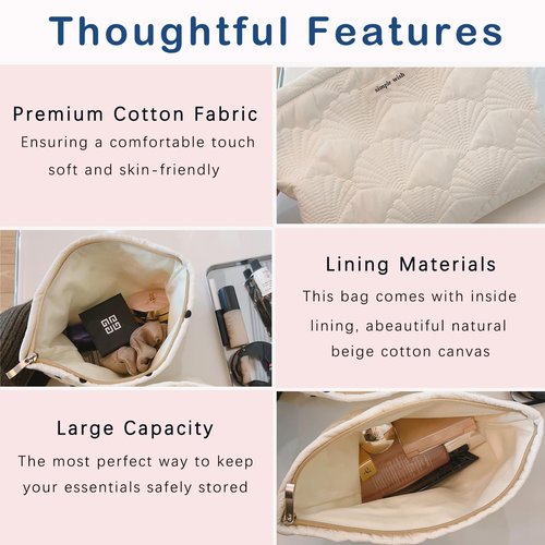 RSRSLEII Quilted Cotton Coquette Makeup bag, Coastal Granddaughter Aesthetic Cosmetic Bag, Cute Seashell Portable Travel Toiletry Pouch (01White)