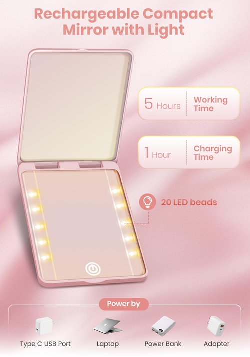Compact Mirror, Rechargeable 30X Magnifying Mirror with 3 Lighting Modes & Dimmable Brightness, Portable Travel Makeup Mirror with Light, Essentials for Travel, Pocket, Purse, Gifts for Women Pink