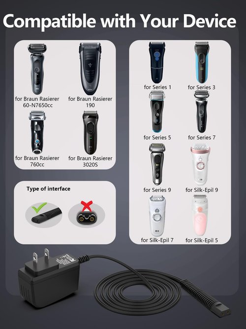 12V Shaver Charger Compatible with Braun Series 9 8 7 6 5 3 1, Electric Razor Charger Cord Replacement Compatible with Braun 3040s 340s 5018s 7020s 370 390cc 720 760cc 790cc 720s-4 7865cc 9095cc