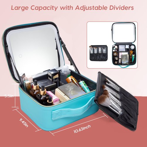 Gdsshuhung Makeup Bag with Mirror | Partitionable Professional Makeup Organizer | Large Travel Makeup Bag for Women | Cosmetic Case for Daily & On-the-Go Use (Lake Blue)