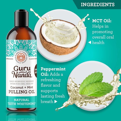 GuruNanda Coconut Oil Dental Care: Whitening Strips + Oil Pulling - Helps Brighten Teeth, Freshen Breath, Healthy Gums - 14 Strips + 8oz for Complete Oral Care