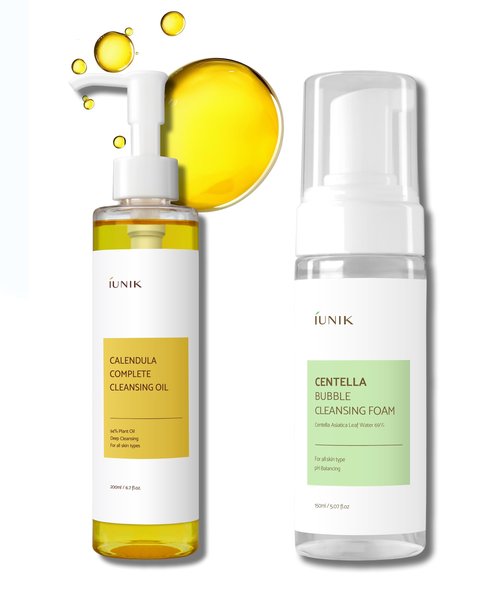 iUNIK Calendula Jojoba Oil Cleanser Gentle Makeup Remover Pore Cleansing Oil & Centella Bubble Foaming Facial Cleanser Vegan Soothing Moisturizing Dry Oily Sensitive Skin Korean Skincare