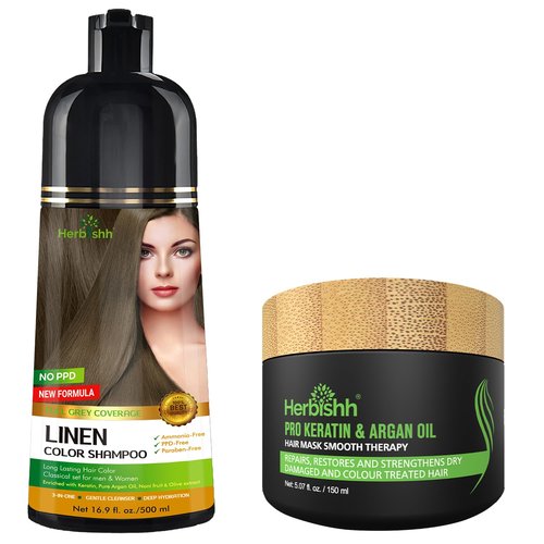 Herbishh Hair Color Shampoo Linen Magic Dye for Gray Hair + Herbishh Argan Hair Mask-Deep Conditioning & Hydration For Healthier Looking Hair 150ml