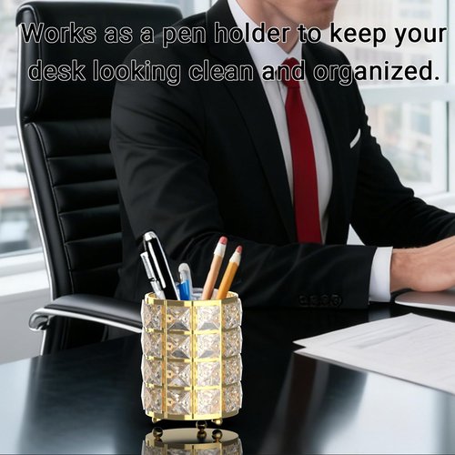 LUGUNU Makeup Brush Holder with Golden Crystal Bling – Elegant Vanity Organizer for Brushes, Pens & Pencils, Ideal for Bathroom or Office Countertop(2Pack)