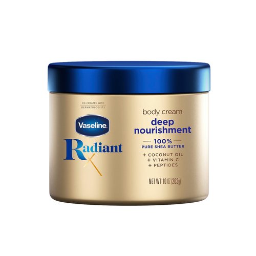 Vaseline Radiant X Deep Nourishment Body Cream 100% Pure Shea Butter, Coconut Oil, Vitamin C, & Peptides 10 oz & Illuminate Me Shimmering Body Oil Created for Melanin Rich Skin, Illuminates Skin