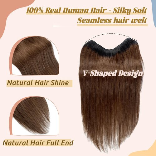 Brown Clip in Hair Extensions Real Human Hair,Highlight Ombre Clip in Human Hair Black Roots One Piece 5 Clips with 3/4 V-Shaped Double Weft Clip in Extensions Full Head for Women 16 Inch 80g(45cm)