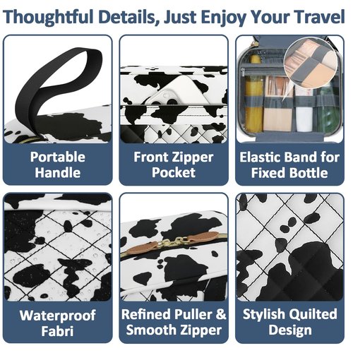 Vankor Travel Toiletry Bag for Women with Hanging Hook, Waterproof TSA Approved Cometic Toiletry Bag Organizers Leakproof Make up Bags for Women Cow Print