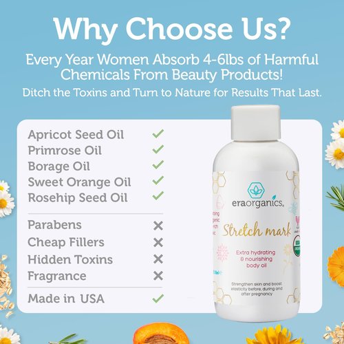 Era Organics Organic Stretch Mark Oil for Pregnancy - Extra Moisturizing Belly Oil for Pregnancy - Pregnancy Oil to Prevent Stretch Marks - Pregnancy Must Haves