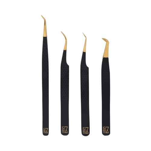 M LASH Tweezers for Eyelash Extensions (Set of 4) - Professional Lash Extension Tweezers - Fiber Tip, Japanese Steel, Diamond Grip Eyelash Extension Tweezer (Matte Black)