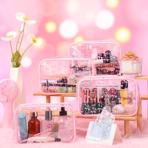 Kacctyen 12 Pcs Pink Bow Cosmetic Bag Coquette Preppy PVC Makeup Bag Bulk Clear Zippered Travel Toiletry Pouch Gift for Women Birthday Party Favor Bridal Shower