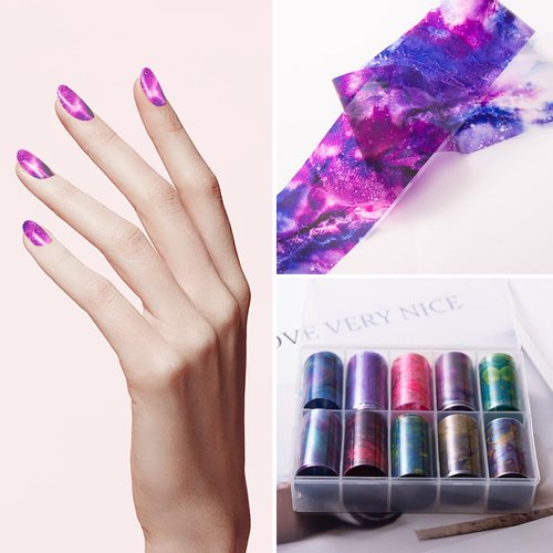 JERCLITY 10 Rolls Marbling Nail Foil Transfer Sticker Kit Nail Foil Sheets Foil Nail Art Decals Marbled Nail Foil Transfer Stickers Foil Nail Wraps for Foil Nail Art(Style-1)