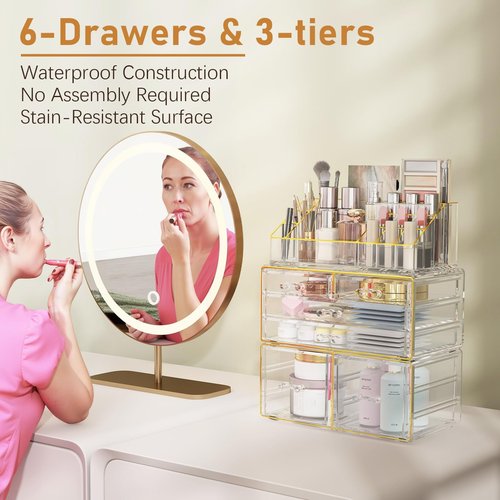 Delamu 3PCS Stackable Makeup Organizer, Cosmetic Organizer with 6 Drawers for Bathroom/Bedroom, Vanity Organizer for Lipstick Brush, Skincare, Perfume, Clear