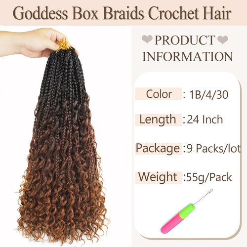 Vustbeauty 9 Packs Boho Box Braids Crochet Hair 24 Inch Goddess Box Braids Crochet Hair With Curly Ends Synthetic Bohemian Braids Hair Extension For Women (24inch,1b/4/30)