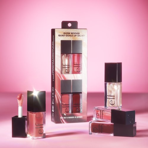 e.l.f. Glow Reviver Quad Goals Lip Oil Kit, Lip Gloss For A High-Gloss Finish & Sheer Wash Of Color, Non-Sticky, Vegan & Cruelty-Free, 4 Glosses