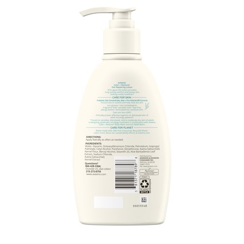 Aveeno Calm + Restore Oat Repairing Body Lotion for Sensitive Skin, Daily Moisturizer with Prebiotic Oat, Aloe & Pro-Vitamin B5, Fragrance Free Body Lotion Helps Heal Dry Skin, 12 oz