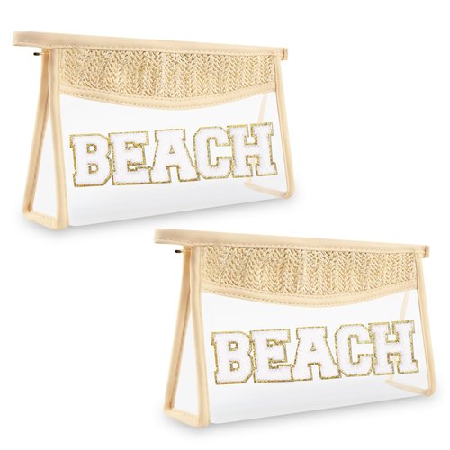Iqimott 2Pcs Clear Patch Makeup Letter Bag, Boho Letter Bag for Beach Swim, Waterproof Zipper Make up Bags Toiletry Pouch for Women Girls, Clear Letters Patch Cosmetic Bags for Travel(Beach)