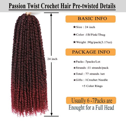 Passion Twist Hair 24 Inch 7Packs Red Ombre Burgundy Long Pre-twisted Passion Twist Crochet Hair Pre-looped Crochet Hair for Black Women (7Packs,Tbug)