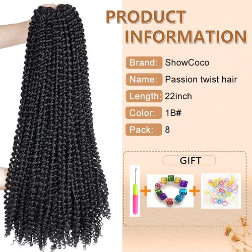 ShowCoco 8 Packs Passion Twist Hair Water Wave Braiding Hair Curly Passion Twist Crochet Hair Braiding Hair Synthetic Hair Extension (22 Inch, #1B)