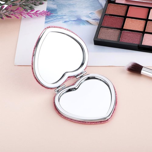 Mabor Heart Compact Mirror 2X/1X Magnifying - Double Sided Glitter Makeup Mirror, Portable Folding Travel Mirrors for Women, Girls (Pocket Size)