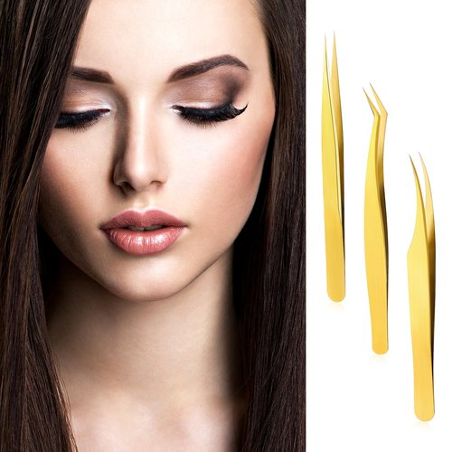 3 PCS Lash Tweezers for Eyelash Extensions, High Precision Gold Metal Tweezers Set Fiber Tip and Curved Isolation Tweezers Eyelash Extension Tools for Women Volume Lash, Crafting, Jewelry Making
