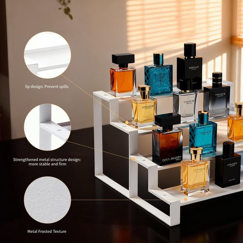 GOENDR Cologne Organizer for Men, 4 Tier All Metal Perfume Organizer Stand, Versatile Step Display Risers Shelf for Fragrance, Skincare, Figurine, Cupcake, Dessert, Spice, 1 Set White