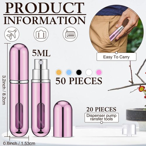 50 Pcs Travel Mini Perfume Refillable Portable Perfume Spray Bottle Perfume Pocket Perfume Dispenser with 20 Pcs Pump Accessories Essentials Spray Containers Scent Pump Case, 5ml (Multicolor)
