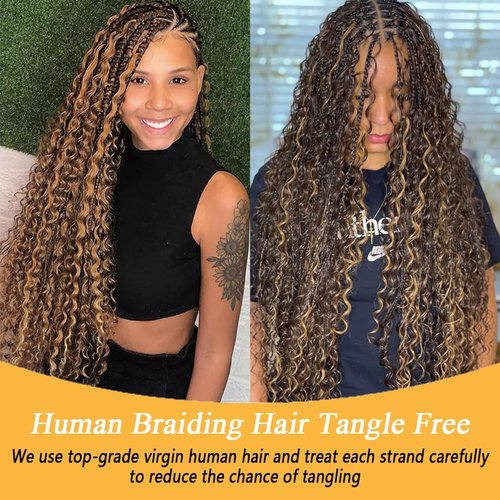 Human Braiding Hair for Boho Knotless Braids Bulk Curly Bundles Human Hair for Micro Braiding Wet and Wavy Water Wave No Weft Human Hair Extension for Box Boho Braids with 4/27# 18inch