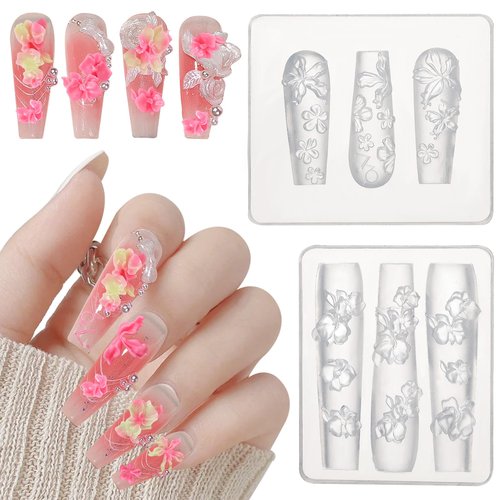 HJZHII 2 Pcs Silicone Nail Molds, 3D Flowers Nail Charms Art Floral Carving Template Craft DIY Tool for Nails Design Mold Decor Tools Supplies Accessories Creative Silicone Decoration