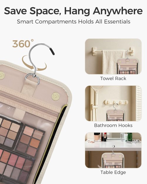 TBTOTRA Hanging Toiletry Bag, PU Leather Makeup Bag Large Capacity with Jewelry Organizer for Brushes Set, Cosmetic Accessories, Beige