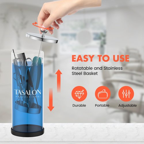 TASALON Barber Jar (45.5 oz) with Crystal Handle - Disinfectant Jar for Salon, Spa and Manicure Shop - Durable Glass and Sterilizing Container with Removable Stainless Steel Basket - Large