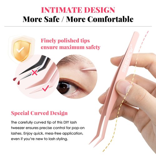 SEEDEW Tweezer P02 for DIY Lashes, Lash Application Tool, 1 PC Pointy Nano Coating Non-Stick Stainless Steel Curved Tweezer with a Protective Case, for Self-Adhesive/Pop-On Eyelash Extensions(Pink)