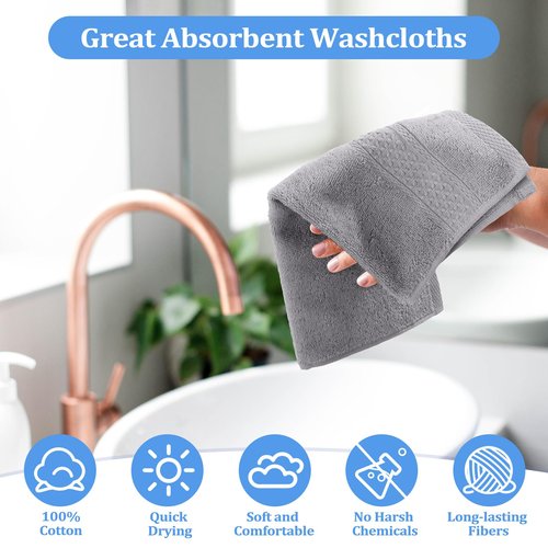Tudomro 15 Counts Washcloths Bulk 13 x 13 Inch 100% Cotton Wash Cloths Set Soft Absorbent Face Cloths Face Towels Quick Drying Hand Fingertip Towels for Hotel, Gym, Bathroom, Spa(Blue Gray Series)