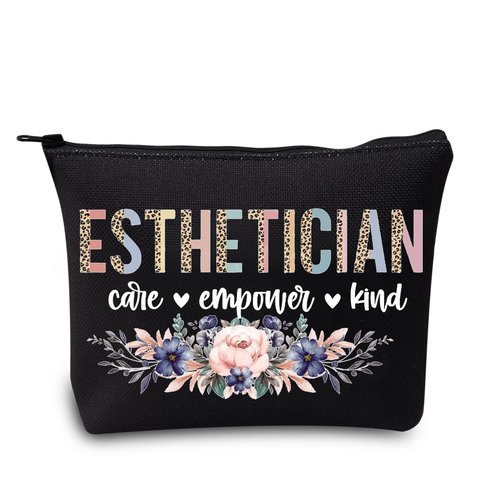 LEVLO Cosmetology Beautician Cosmetic Make Up Bag Dermatologist Gift Esthetician Care Empower Kind Makeup Zipper Pouch Bag For Esthetician Graduate (Esthetician Black)