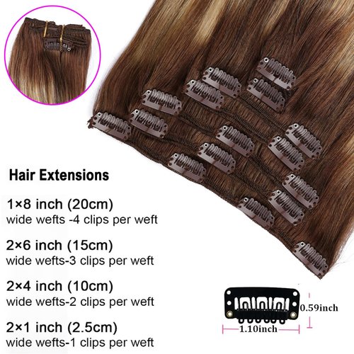 ORIGEN Clip in Hair Extensions Real Remy Human Hair Chocolate Brown to Caramel Blonde Highlights Straight Hair for Women 7pcs 80g 12 Inches