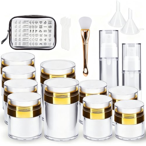 KOUWICH 20 Pack Airless Pump Jars Set, 3.34/1.7/1/0.5/oz Refillable Travel Size Containers, Gold Travel Bottles Empty Lotion Container, Glass Jars for Toiletries Moisturizer Container