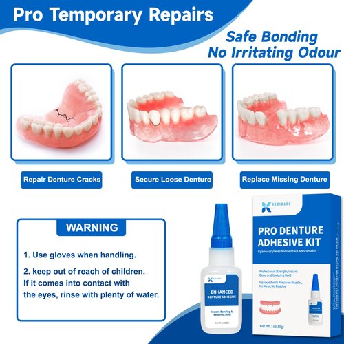 Dental Lab Denture Repair Adhesive Kit, 1oz Pro Instant Bonding Denture Glue for Repairs Cracks, Fills Gaps, Secures Loose Teeth, Safe Bonding with No Irritating Odor