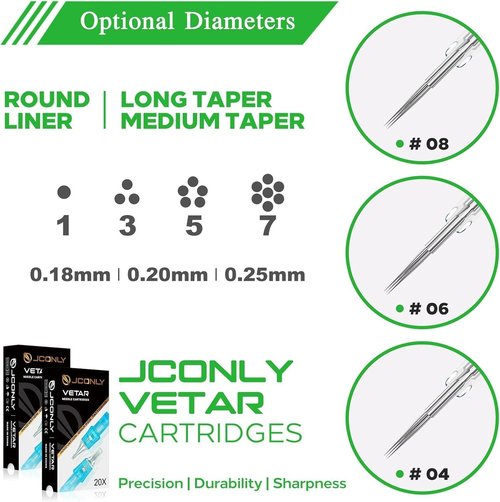 JCONLY VETAR TATTOO CARTRIDGE NEEDLES - 20Pcs Tattoo Needles #10 Bugpin 23 Curved Magnum Tattoo Cartridges 1023CML Tattoo Needles Diameter 0.30mm Long Taper 5mm Cartridges