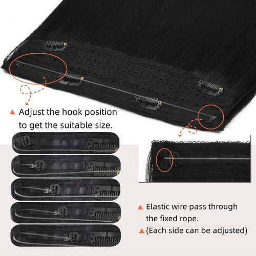Wire Hair Extensions 18 Inch Invisible Fish Line Hair Extensions #1b Natural Black Wire Extensions Human Hair Piece with Transparent Line 100g Fish Wire Hair