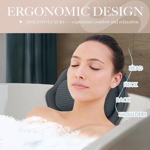 Joeyset Bath Pillows for Tub – Luxury Bath Pillow & Bathtub Pillow with 6 Strong Suction Cups, Soft Cushion for Head and Neck Support, Relaxing Bath Accessories for Women (Gray)
